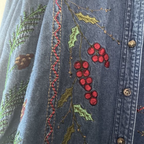 MADISON AVENUE Embroidered Denim Button Up XL Christmas Thanksgiving Shirt VTG - Picture 2 of 7